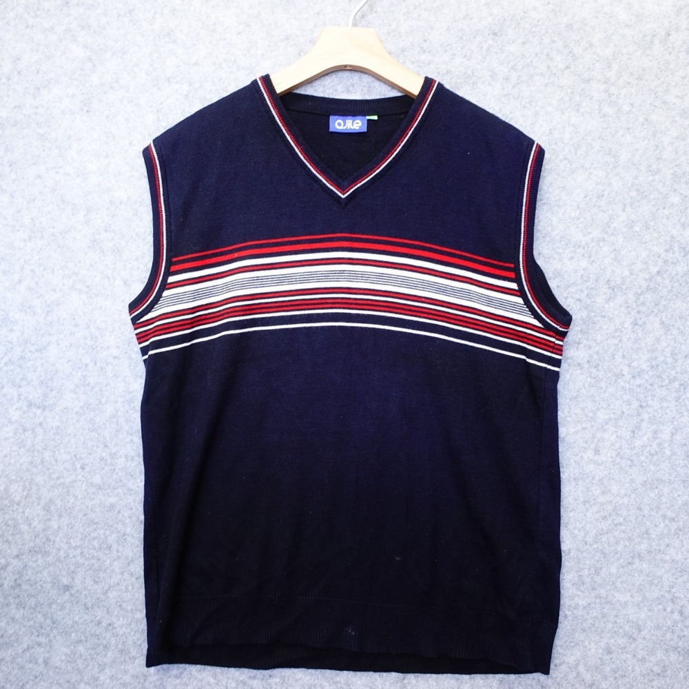 Blue Sweater Vest Mens LARGE Navy Chest Striped V Neck 90s Preppy Sporty Golf